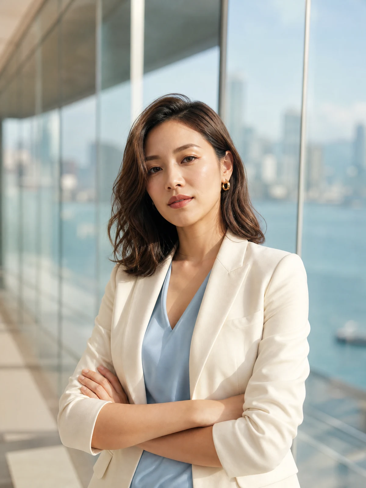 Solene 在香港辦公室窗前挑選淺色西裝,全身完整顯示